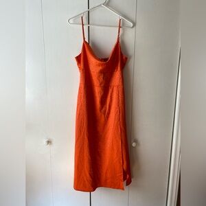 Lulus Fiercely Chic Coral Orange Satin Jacquard Print Cowl Midi Dress Medium